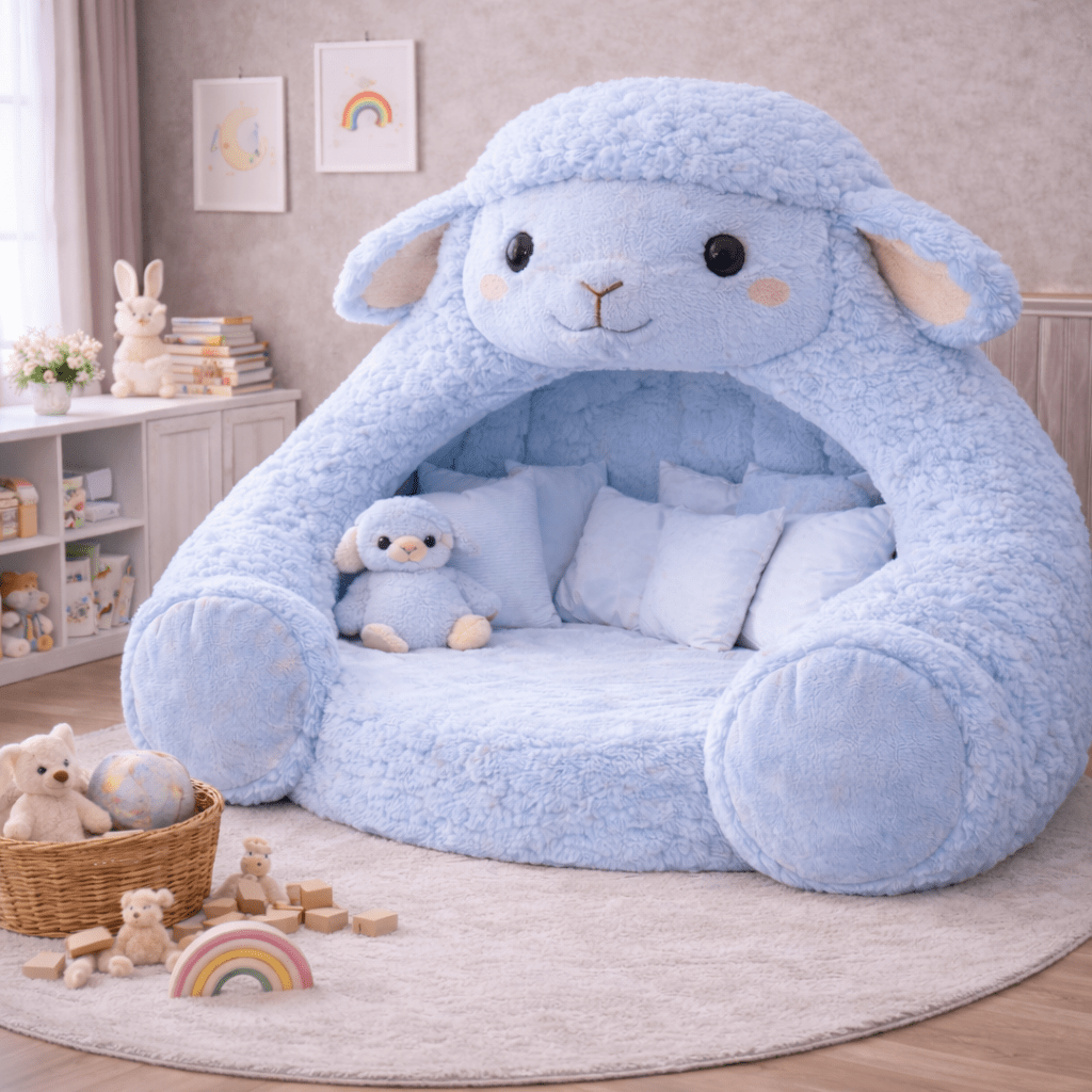 Soft blue lamb nook creating a cosy and calming sleep space