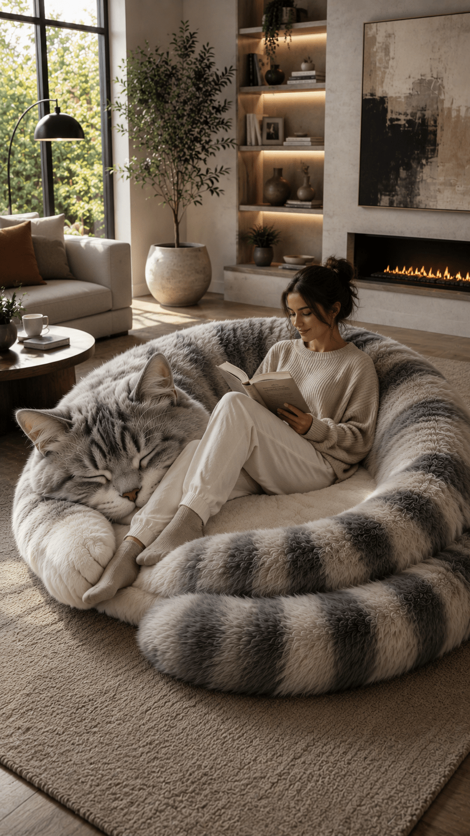 Woman relaxing inside a giant grey cat-shaped chair in a modern living room