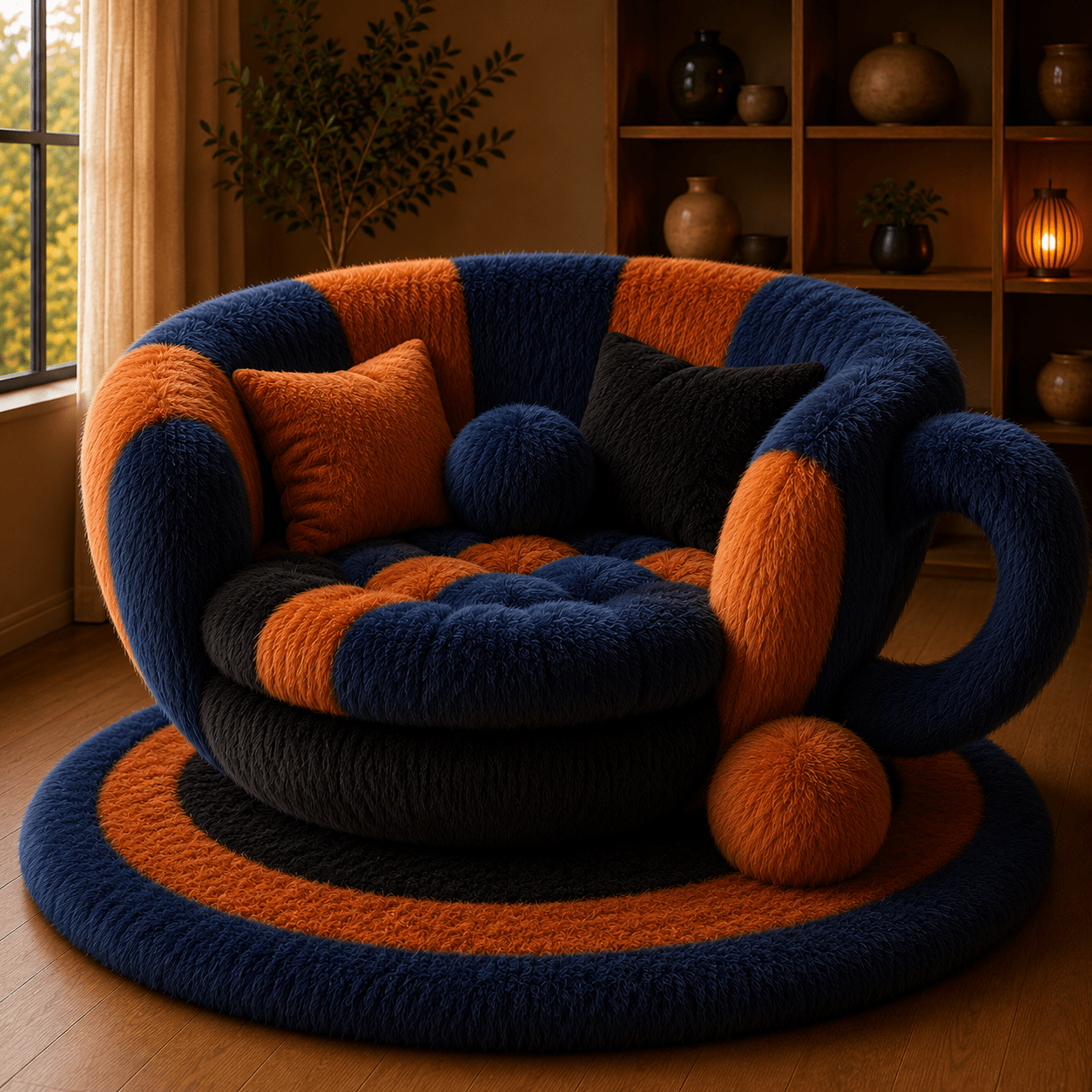 Fluffy navy and orange giant mug-shaped lounge chair with oversized cushions and circular rug in a cosy living room