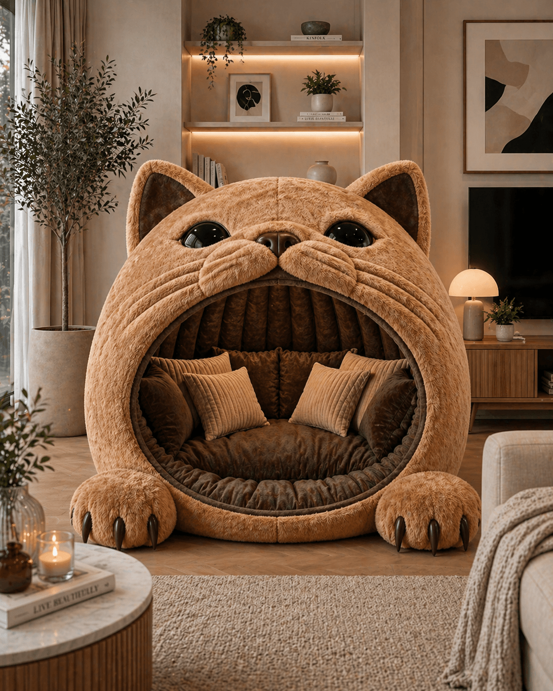 large brown cat-shaped cocoon chair with soft interior cushions in a stylish living room