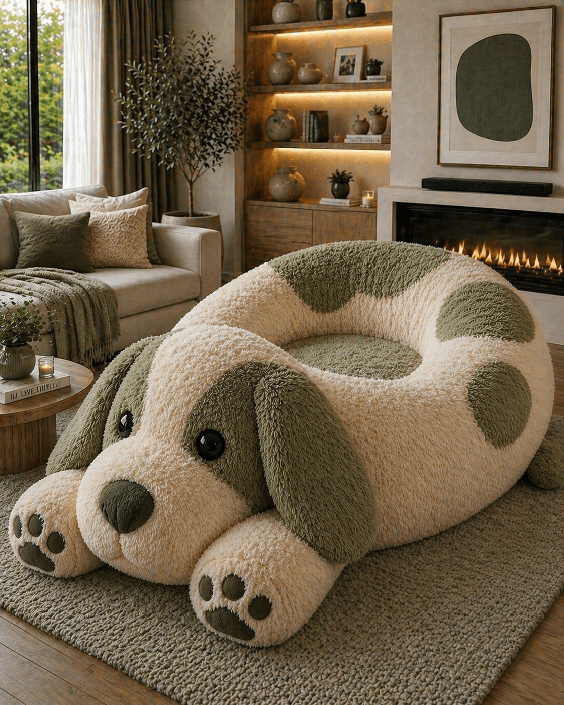 Oversized sage green plush dog-shaped lounge chair in a cosy modern living room with fireplace and wooden shelving