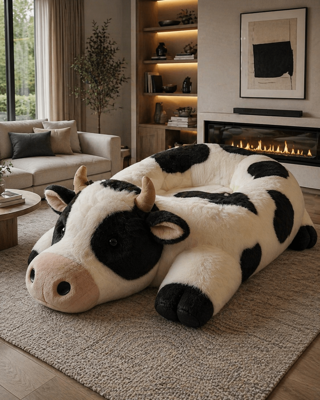 oversized black and white cow-shaped plush lounge chair in a cosy modern living room with fireplace