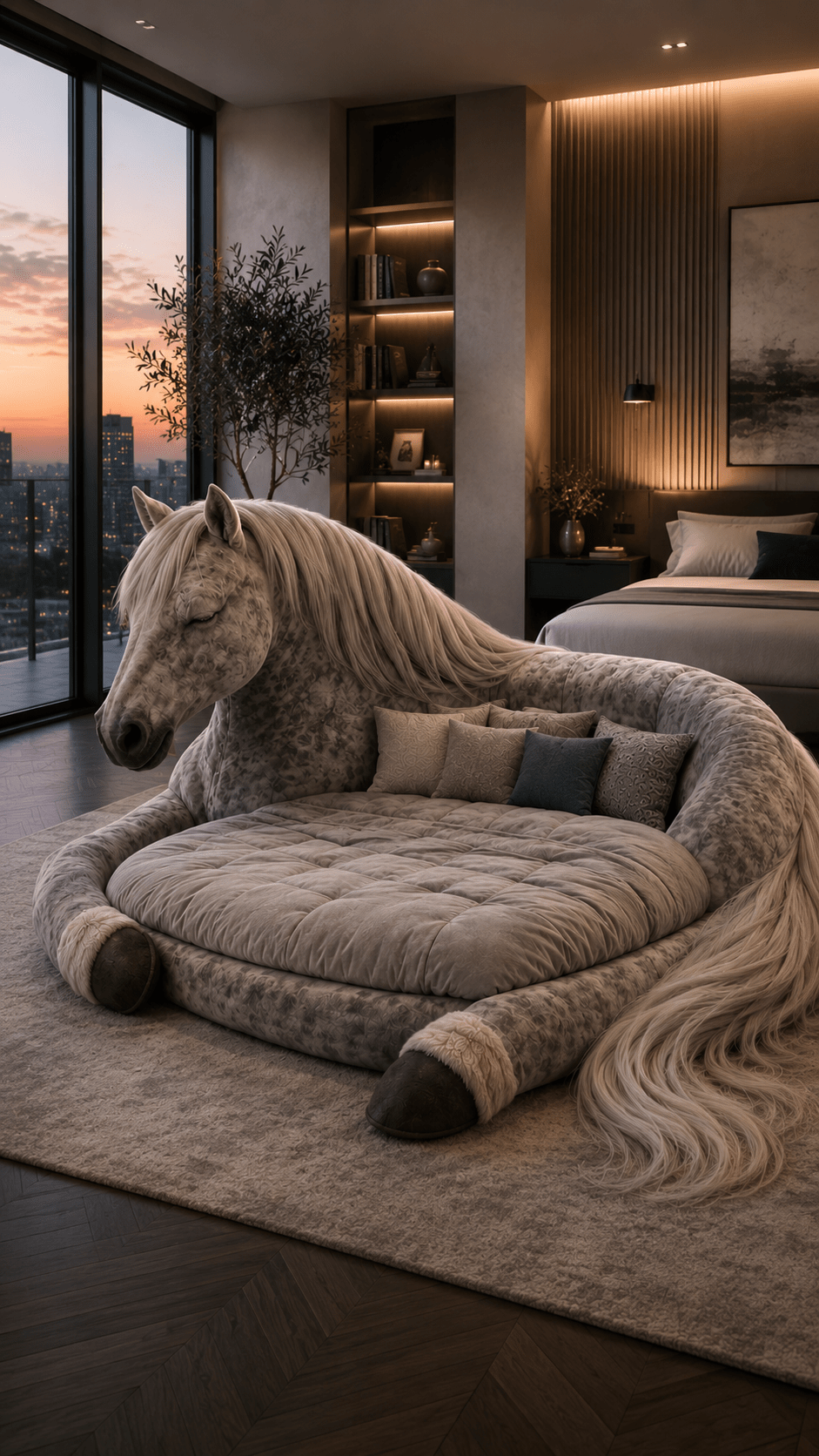 Elegant horse-shaped lounge bed positioned inside a modern bedroom overlooking a city skyline