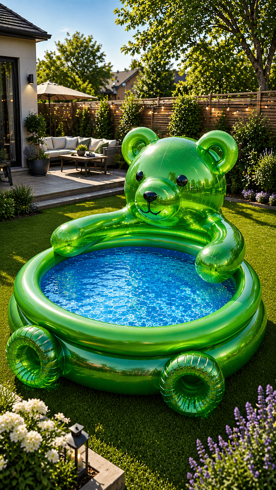 Green translucent bear-shaped inflatable paddling pool surrounded by plants and modern garden furniture.