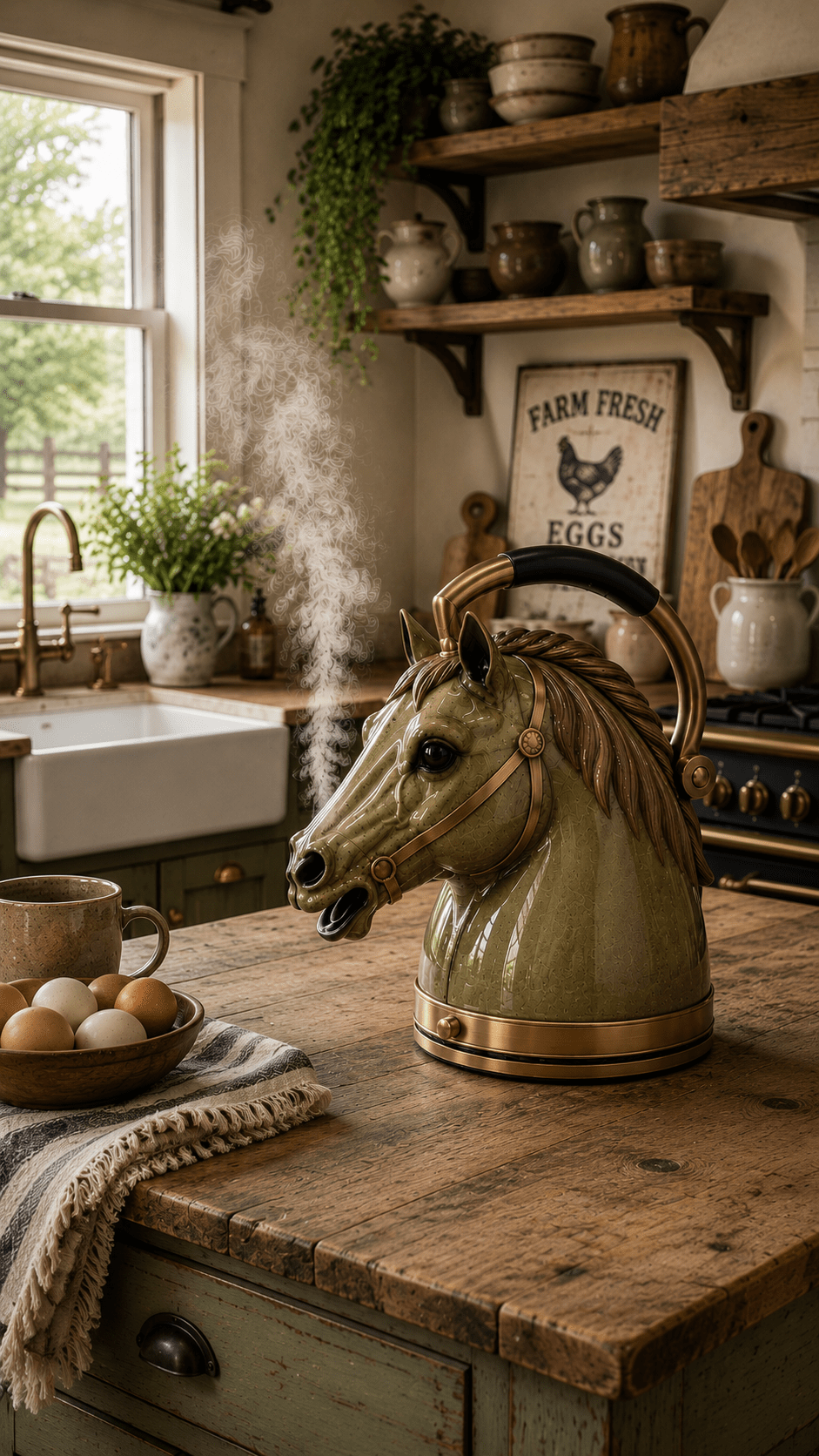 Olive green horse-shaped kettle in a farmhouse kitchen with wooden worktops