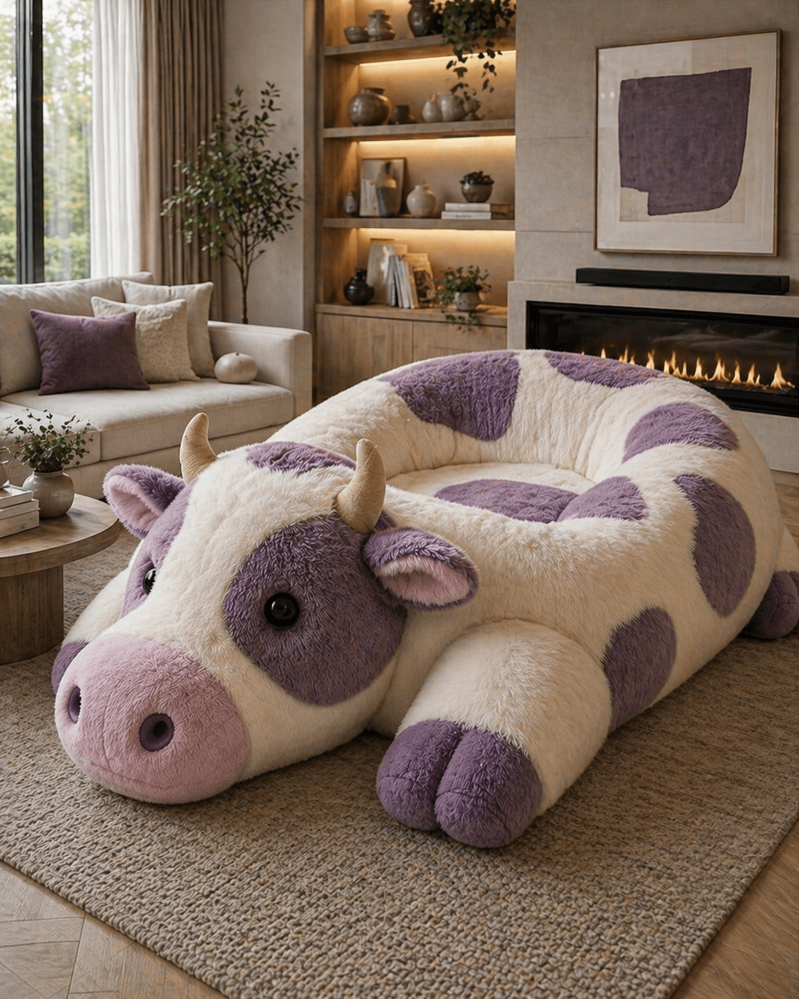 large purple and cream cow plush lounge chair placed in a stylish neutral living room