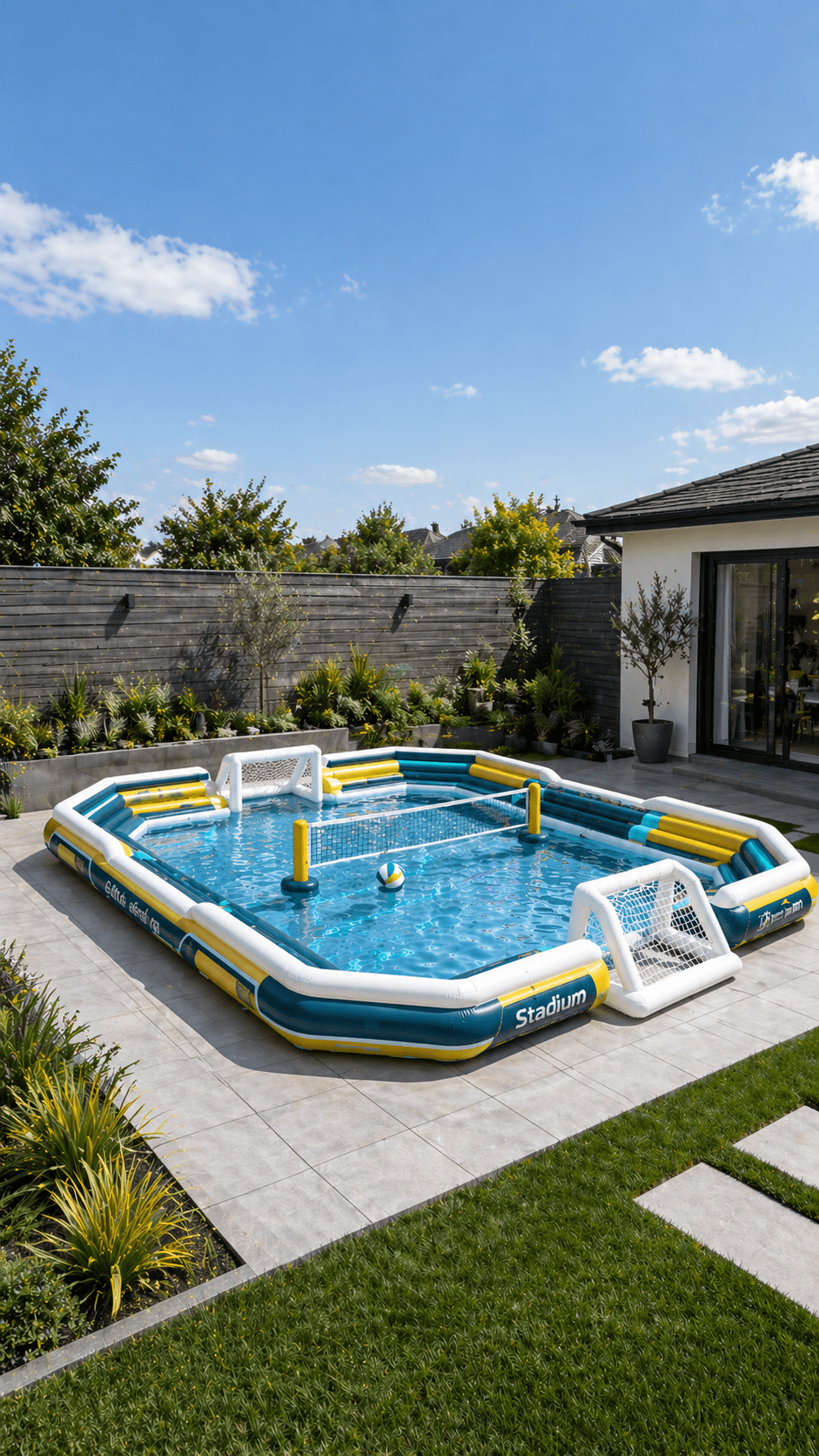 Large yellow and blue inflatable sports pool arena with volleyball net and football goals in a modern garden