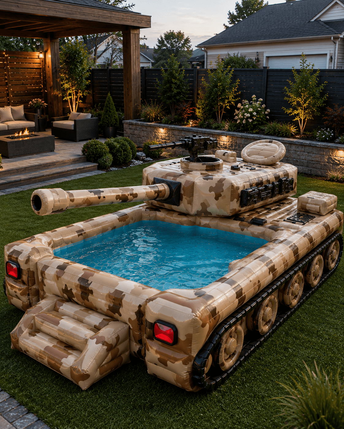 Desert camouflage inflatable tank paddling pool with water in a landscaped evening garden