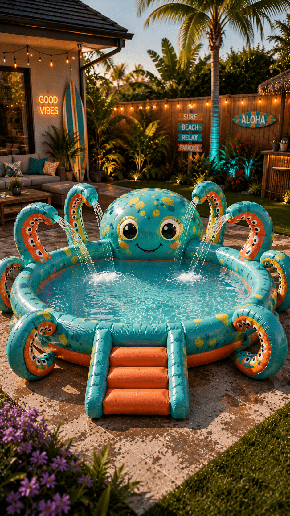 Giant turquoise inflatable octopus paddling pool with water sprayers in a tropical-style garden at sunset