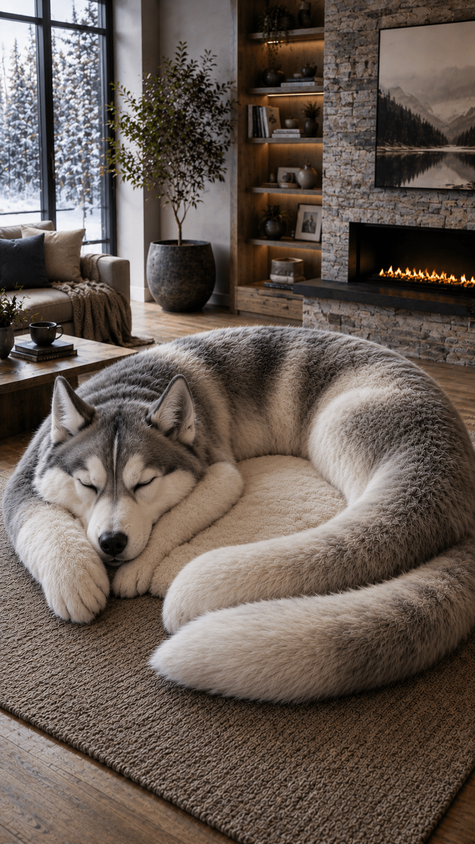 Giant husky-shaped fluffy lounger beside a fireplace in a cosy winter-inspired living room