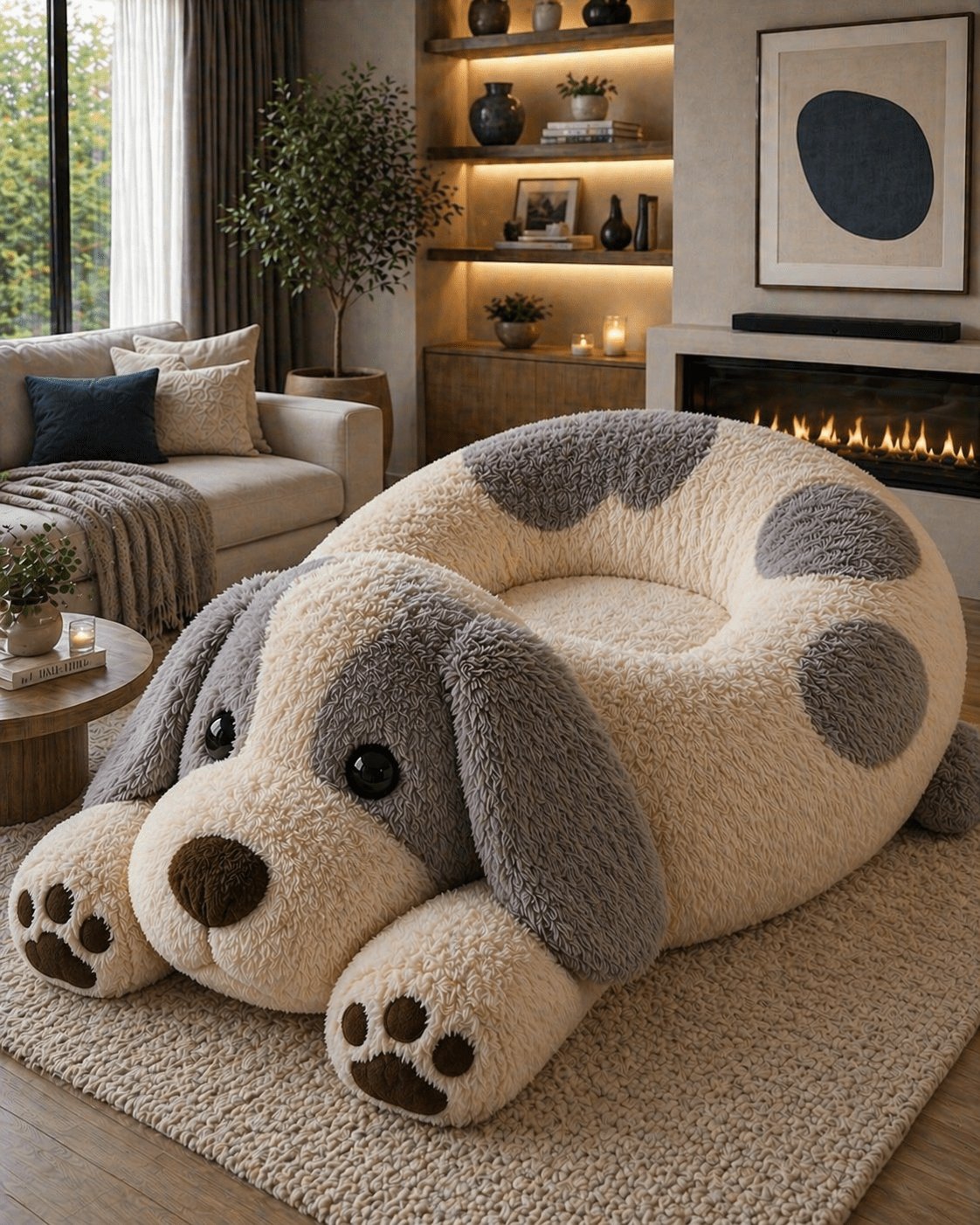 Grey and cream oversized plush dog-shaped lounge chair with fluffy texture in contemporary lounge