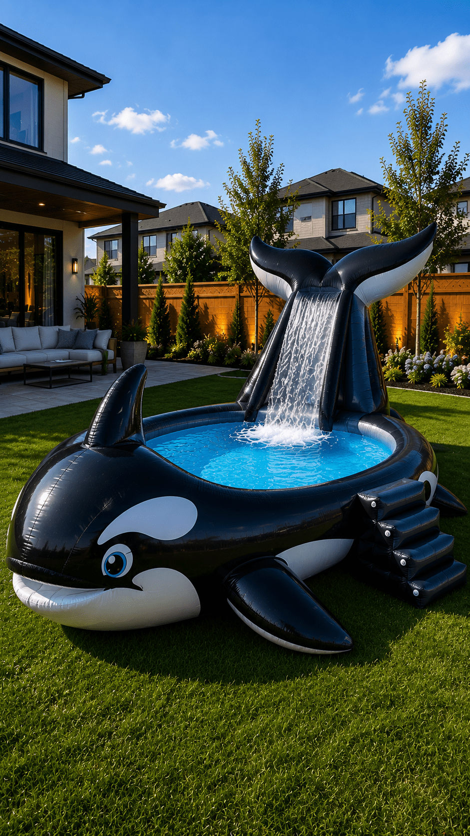 Black and white orca-shaped inflatable paddling pool with waterfall tail in a modern back garden