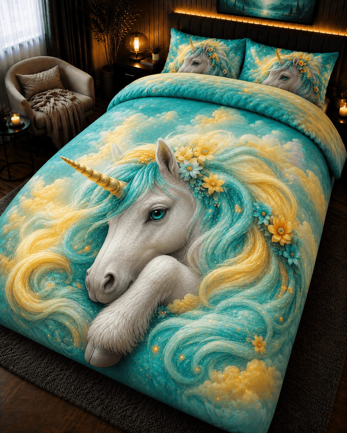 Turquoise and gold unicorn bedding set with floral details and dreamy cloud-inspired duvet design