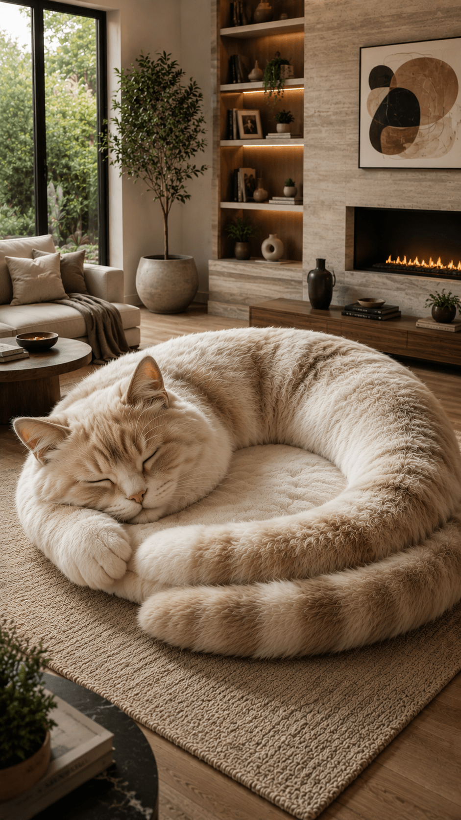 Oversized cream cat-shaped lounge chair styled in a contemporary cosy interior
