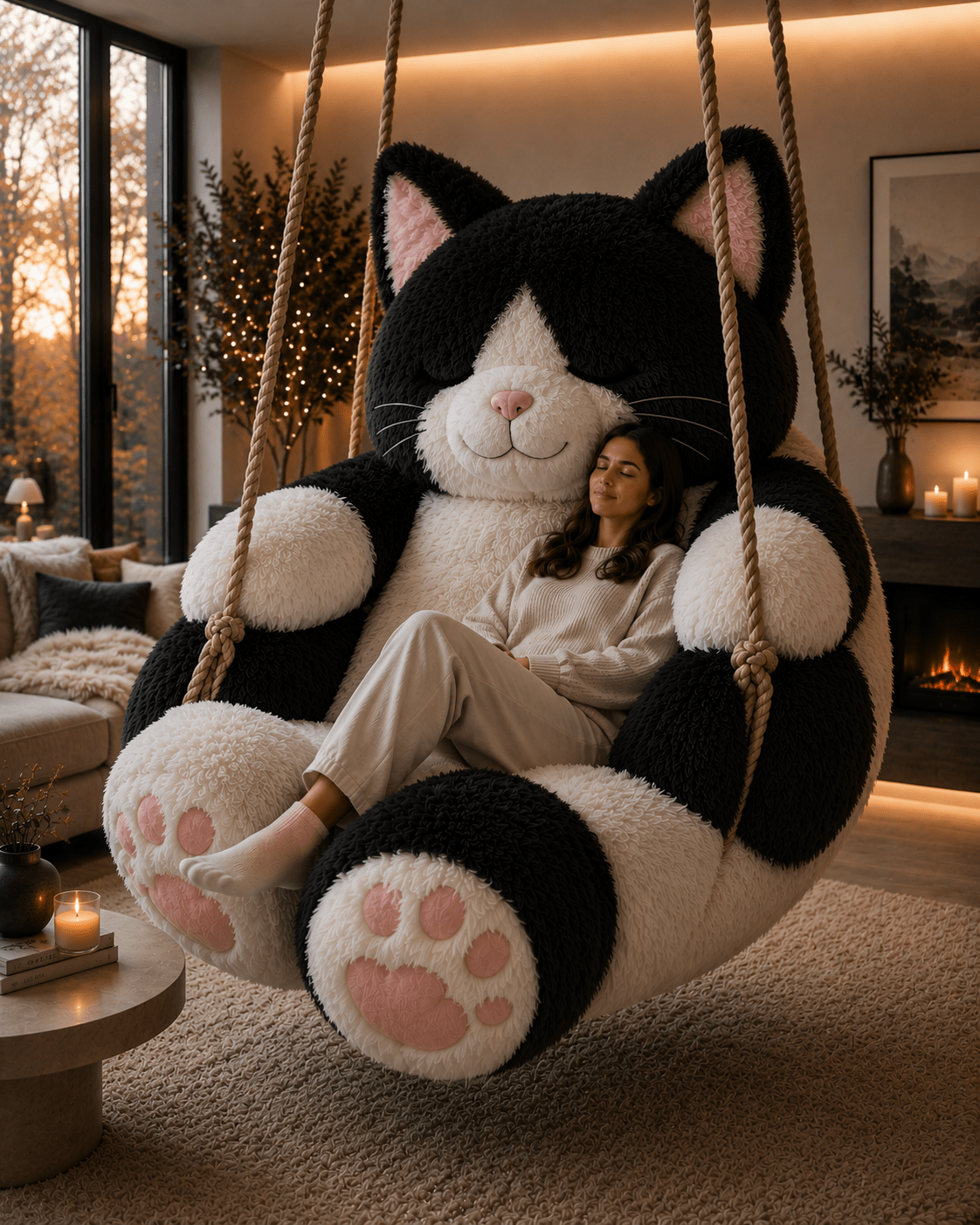 Oversized black and white plush cat swing chair hanging in a warm modern living room with cosy lighting