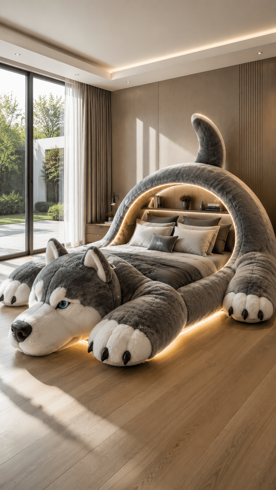 Oversized husky-shaped plush bed with LED lighting in a modern luxury bedroom with natural sunlight