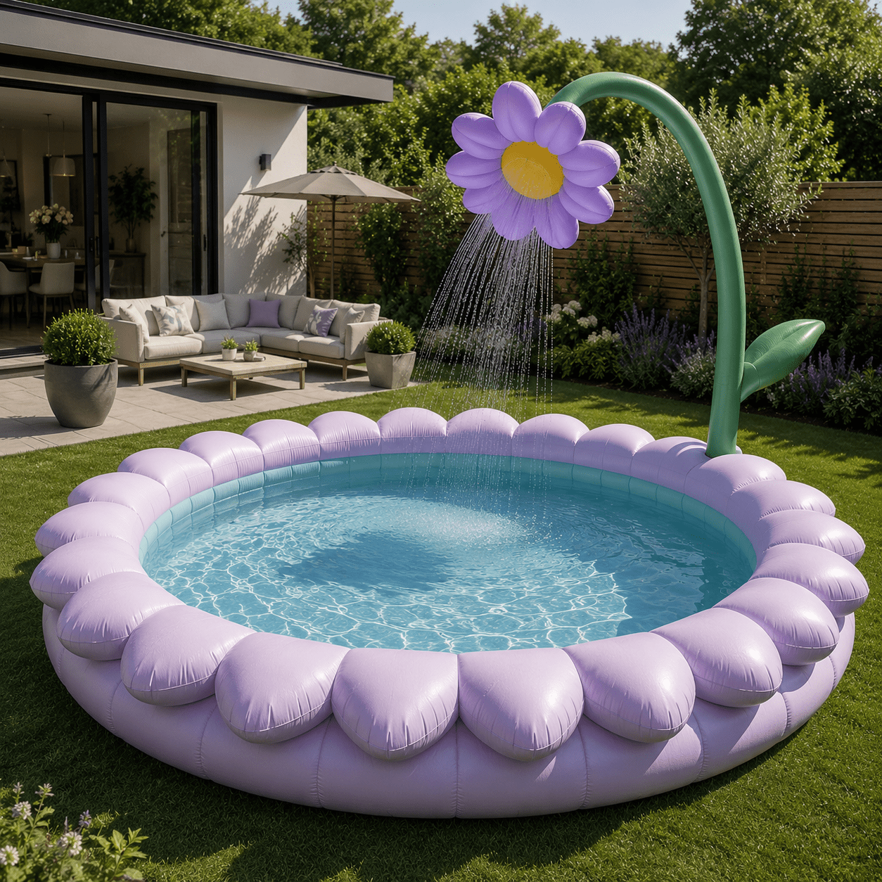 Giant lavender flower-shaped inflatable paddling pool with oversized sprinkler in a modern garden