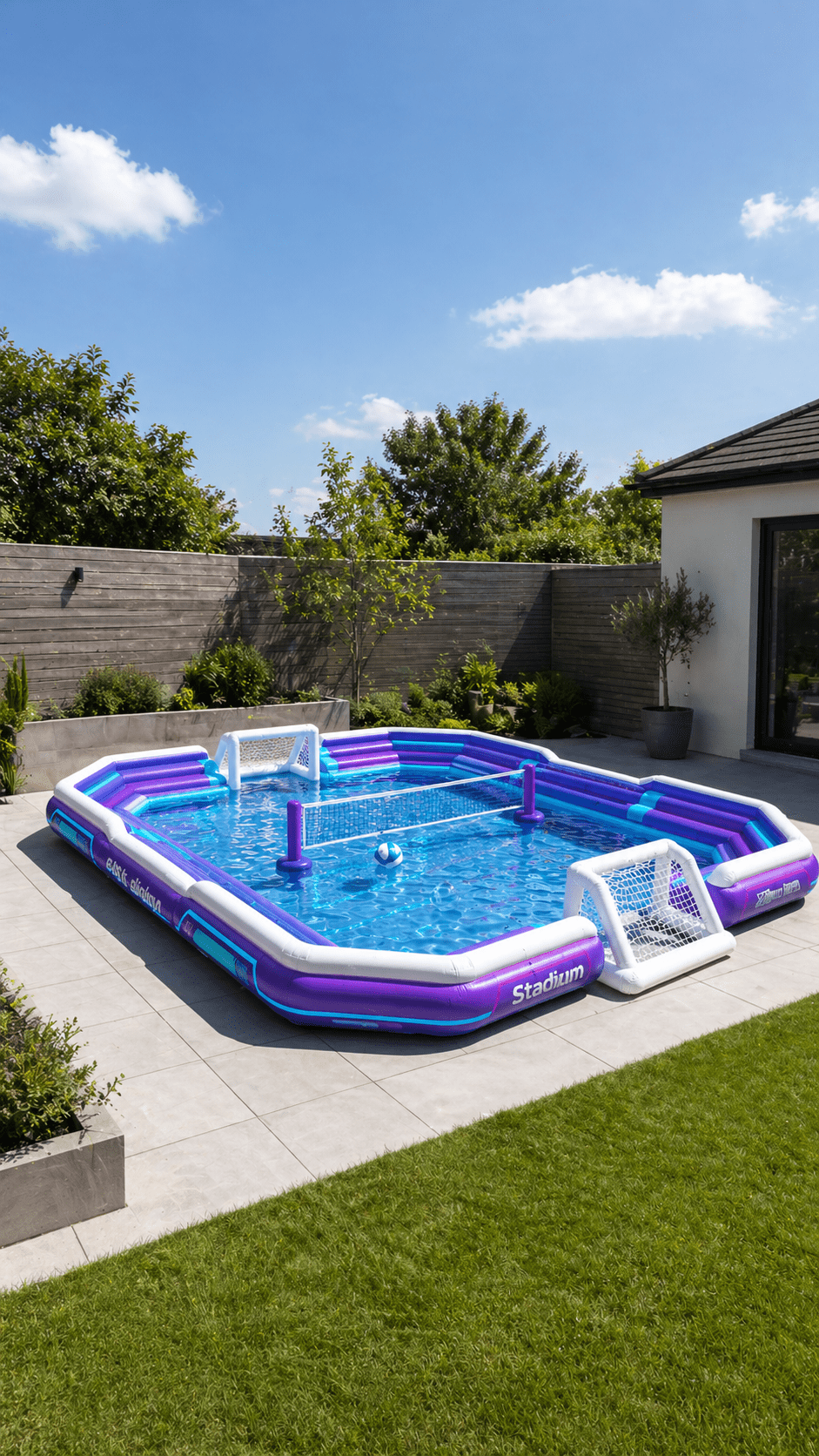 Purple inflatable sports paddling pool with volleyball net and football goals in a landscaped garden
