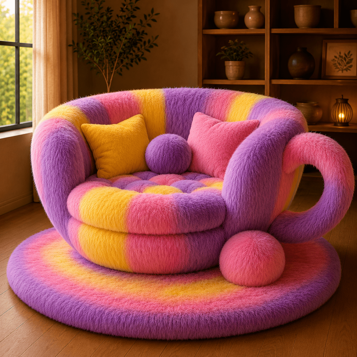 Giant fluffy mug-shaped lounge chair in pink, yellow, and lilac pastel colours inside a warm modern interior
