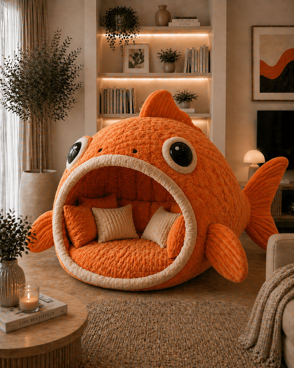 Oversized orange fish-shaped lounge chair with quilted texture in stylish cosy home interior