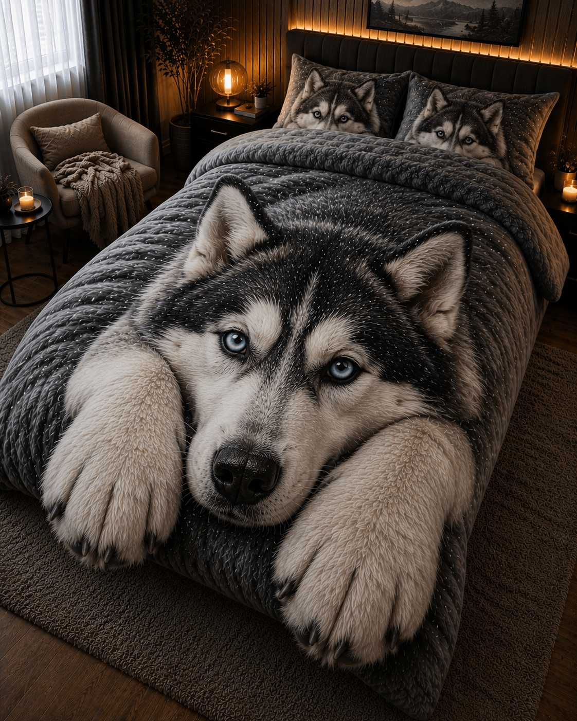 Realistic Husky bedding set featuring oversized dog artwork in a luxury dark-toned bedroom