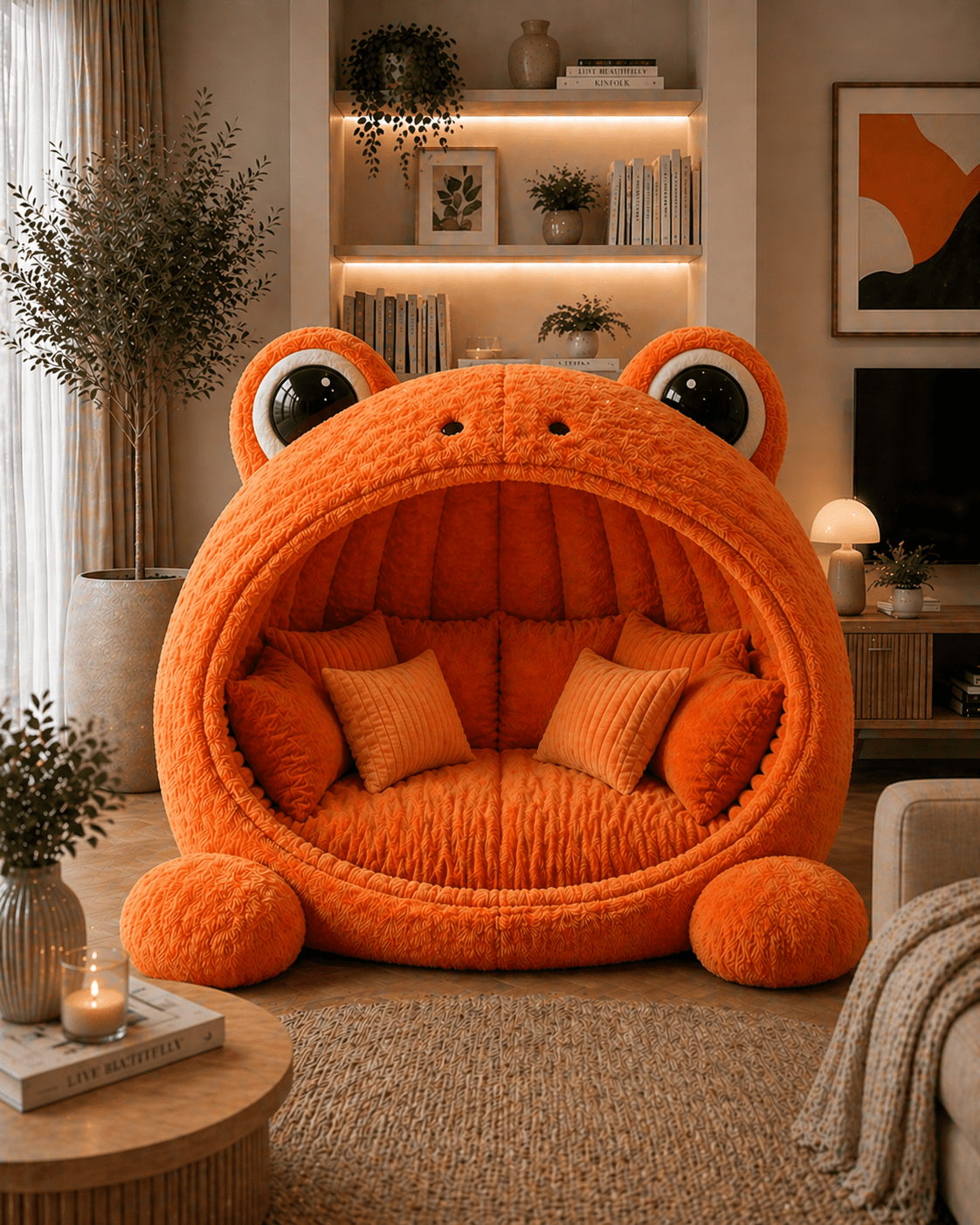 Vibrant orange frog-shaped lounge chair creating a bold focal point in a contemporary living room