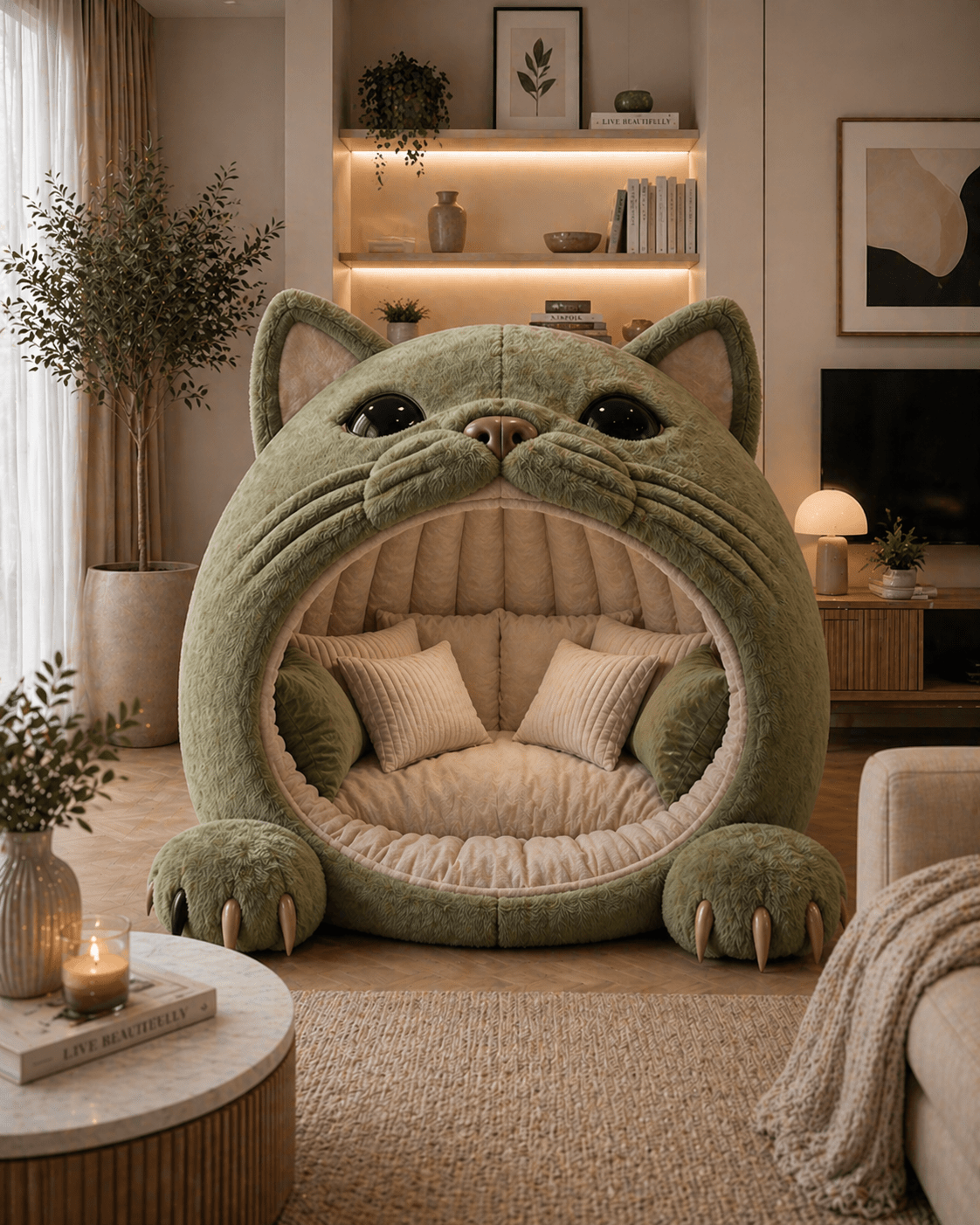 oversized green cat-shaped lounge chair with cosy cushioned interior in a modern UK living room
