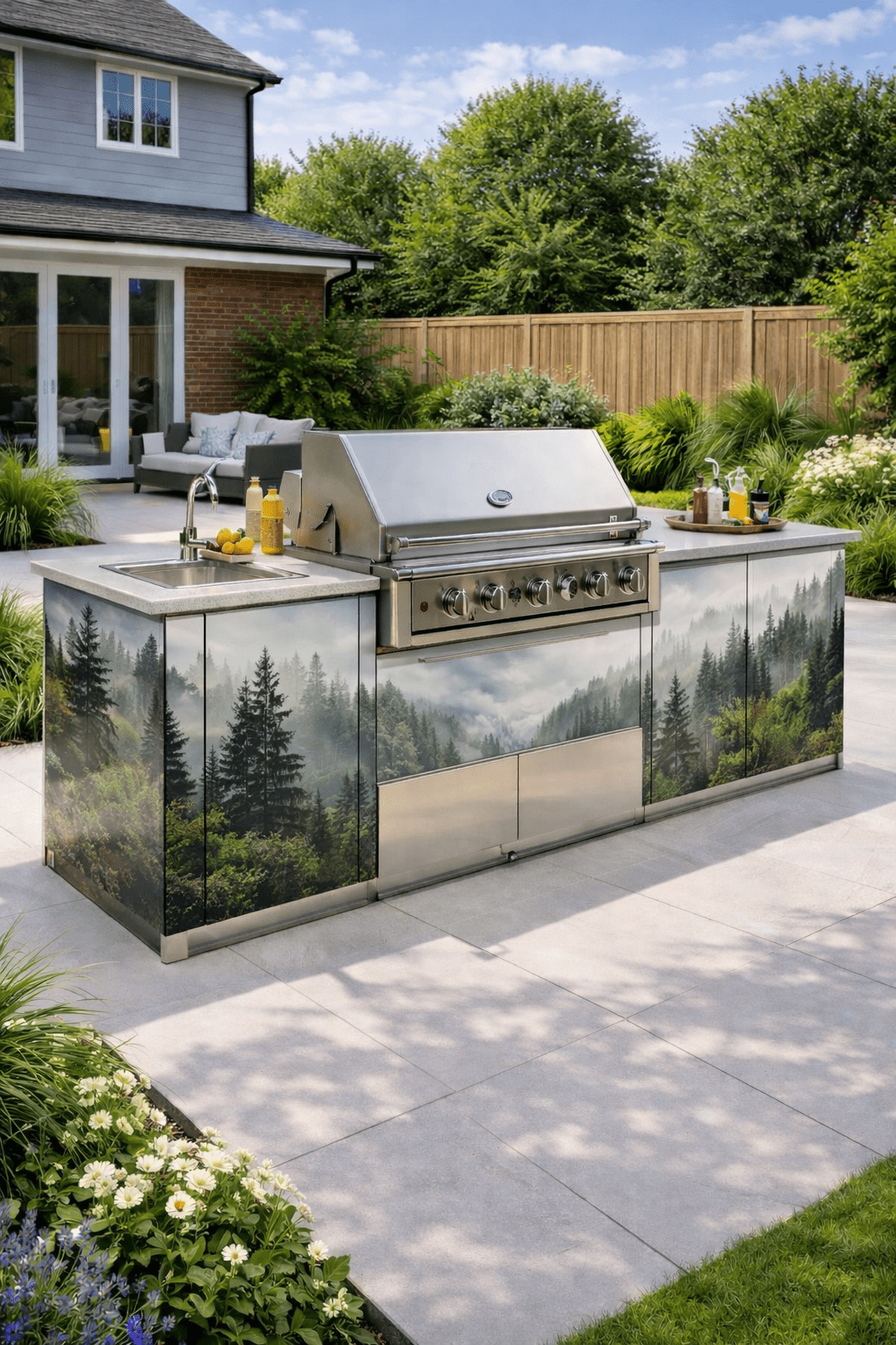 Luxury outdoor kitchen island with forest landscape artwork panels and built-in stainless steel BBQ grill in a modern garden