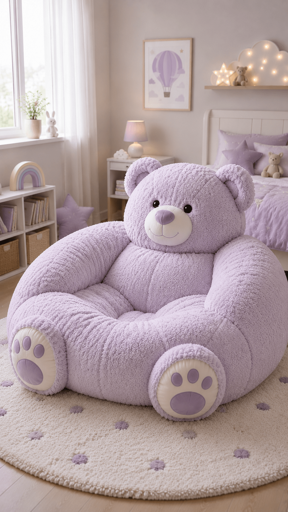 Oversized lavender teddy bear armchair placed in a pastel-themed children’s bedroom with soft lighting and cosy décor