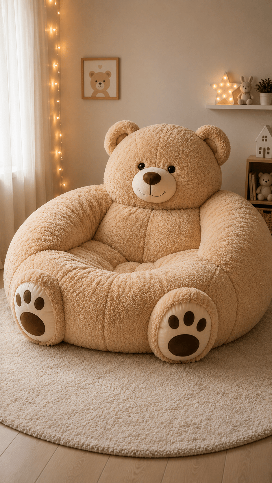 Oversized beige teddy bear armchair styled in a cosy nursery-inspired bedroom with warm fairy lights