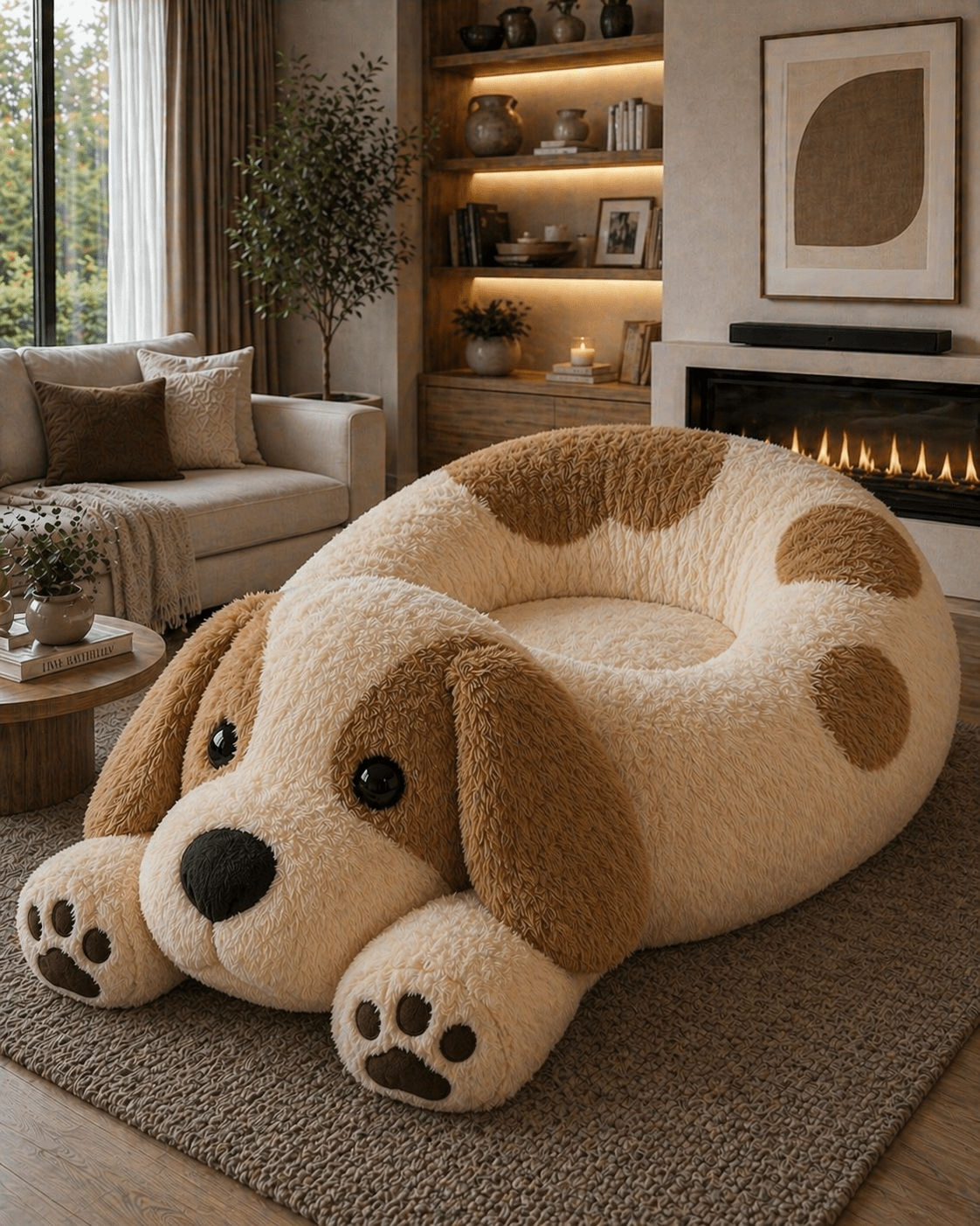 Brown and cream plush dog-shaped lounge chair in a warm modern living room with fireplace