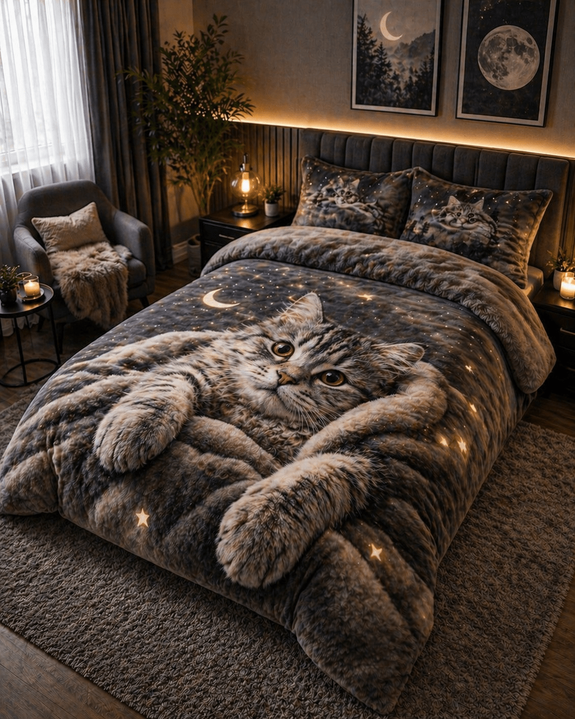 Tabby cat 3D duvet cover with stars and moon creating a dreamy night sky bedroom theme