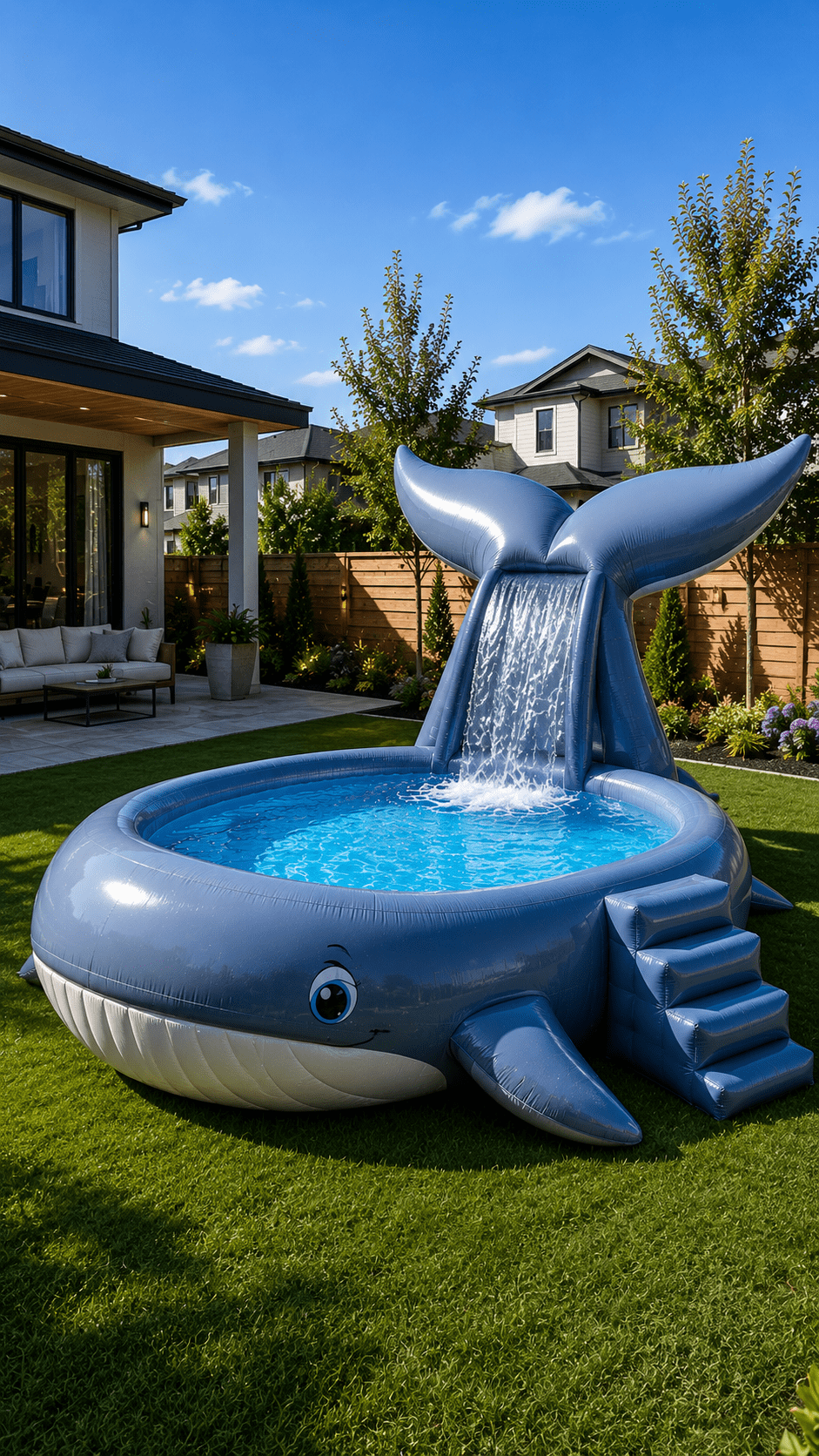 Giant blue whale-shaped inflatable paddling pool with waterfall tail feature in a modern suburban garden