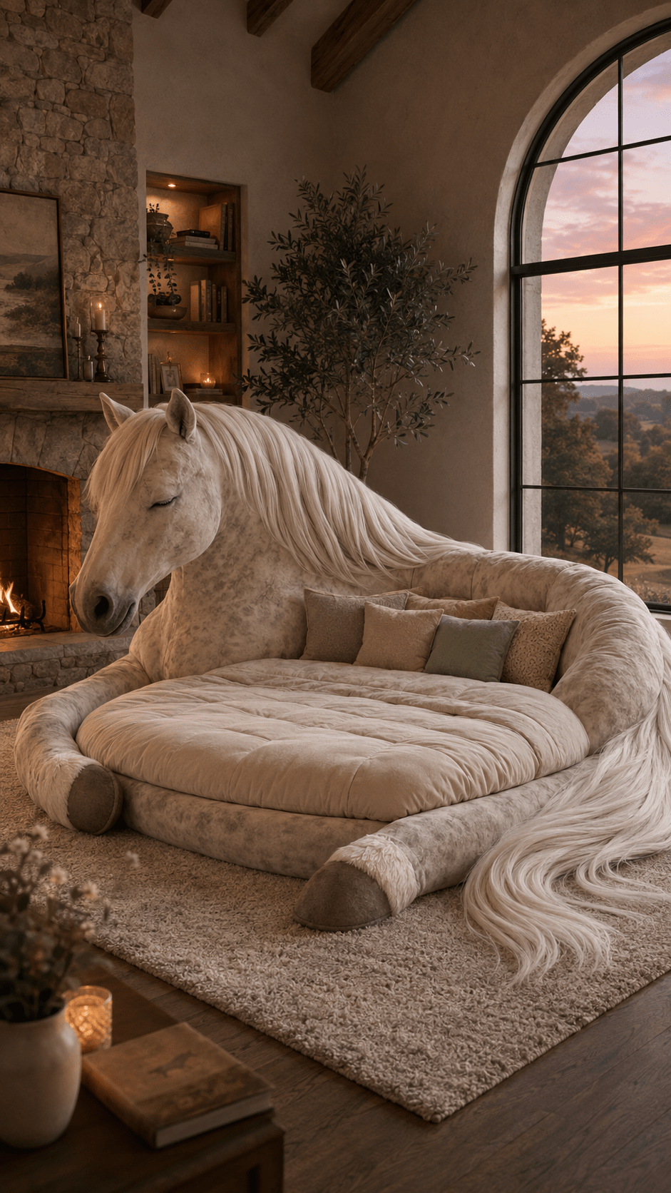 Giant horse-inspired lounge bed beside a fireplace in a warm rustic living room