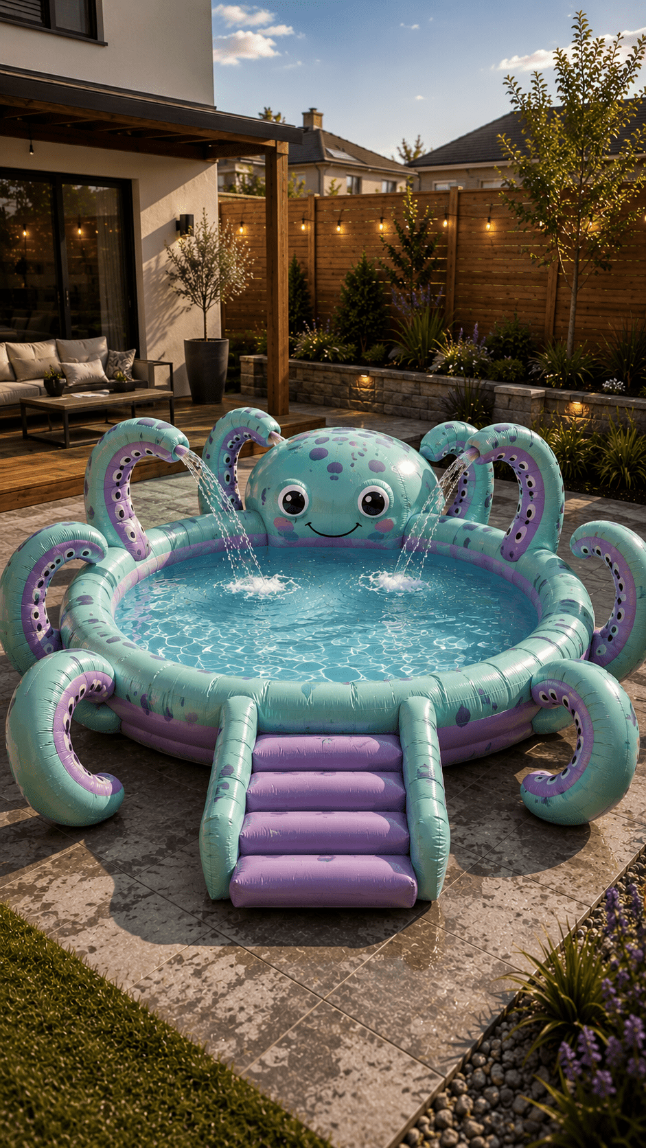 Mint green and purple inflatable octopus paddling pool with water features on a luxury patio