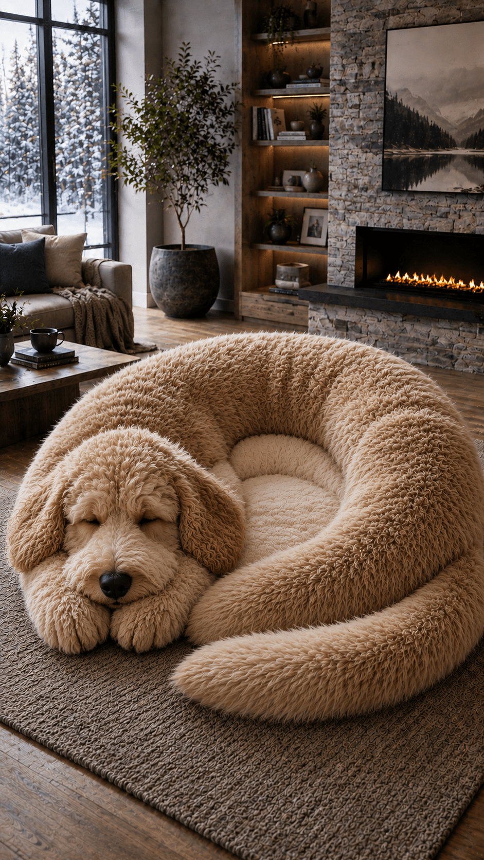 A giant golden dog-shaped plush lounger in a stylish modern home