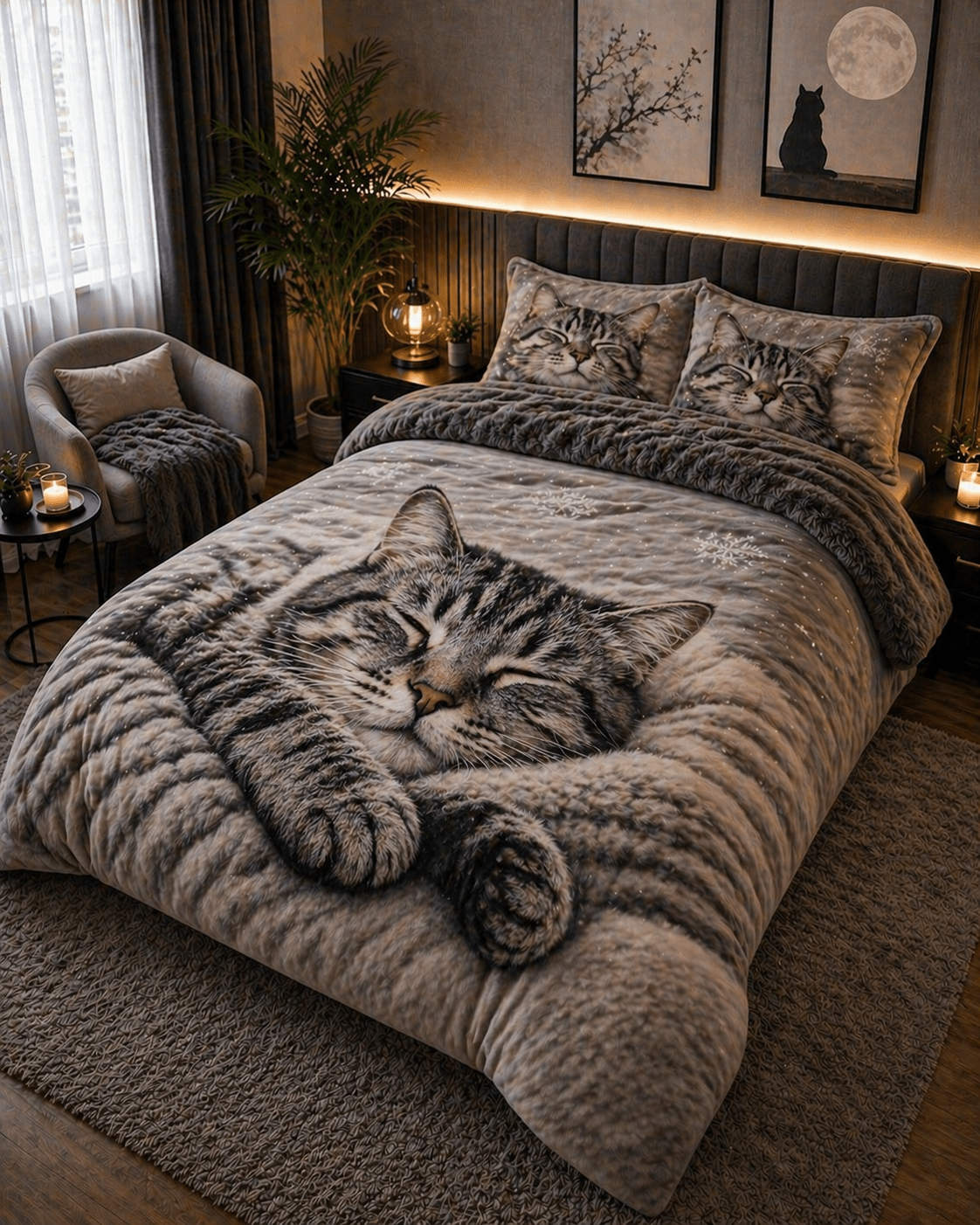 Realistic sleeping tabby cat 3D duvet cover with warm lighting in a modern cosy bedroom