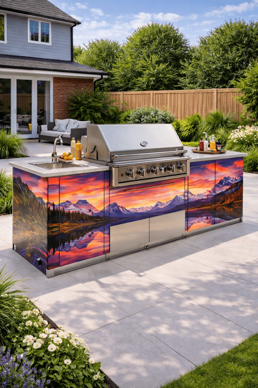 Scenic outdoor kitchen island with colourful mountain sunset artwork panels and premium BBQ grill setup
