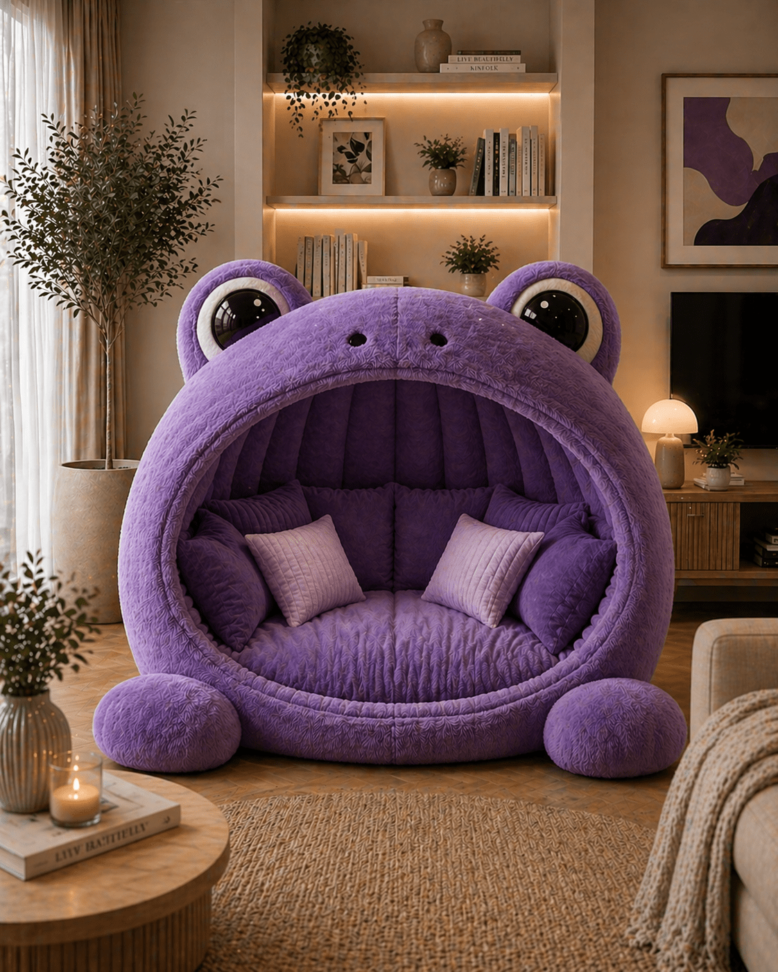 Soft purple frog-shaped cocoon chair with deep seating and cushions in a warm living space