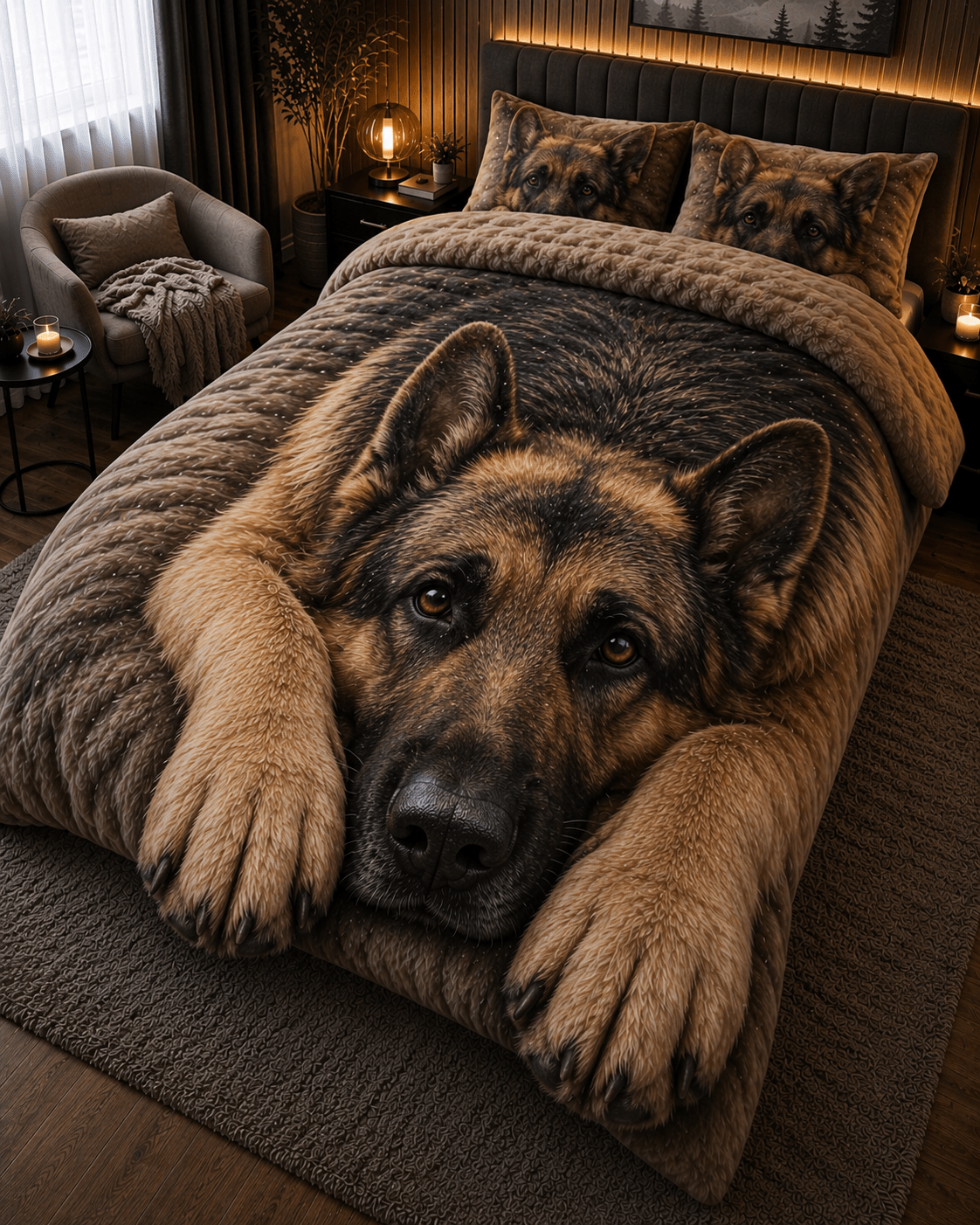 Oversized German Shepherd duvet cover set in a modern bedroom with warm ambient lighting