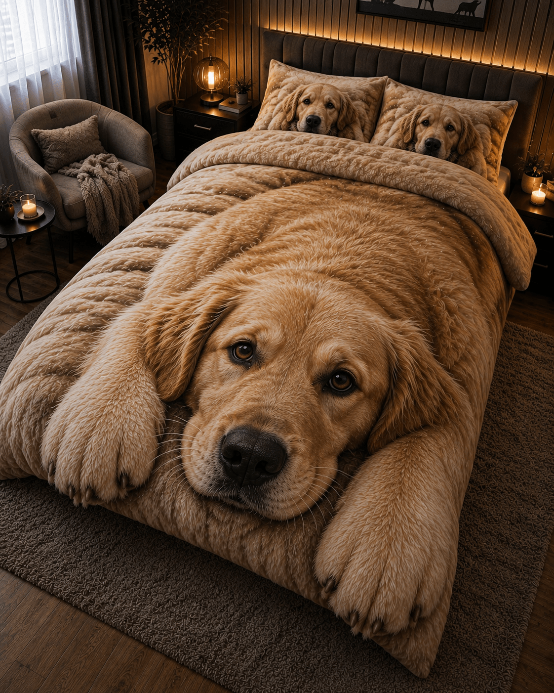 Golden Retriever themed bedding set with oversized puppy duvet cover in a warm modern bedroom