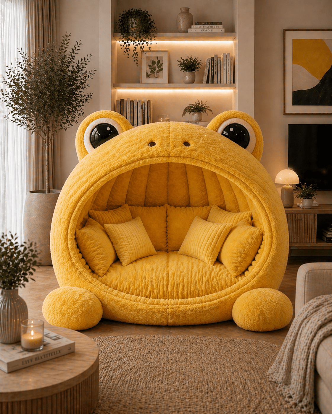 Bright yellow frog-shaped lounge chair with plush cushions in a stylish modern living room