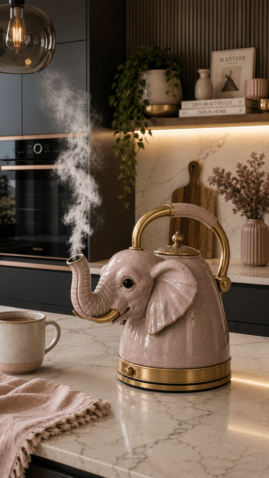 Glossy blush pink elephant-shaped kettle with gold accents steaming on a marble kitchen countertop
