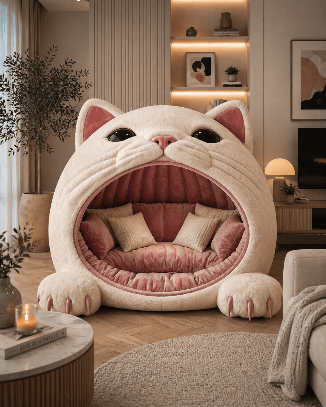 plush cream cat-shaped lounge chair with pink interior seating in a warm modern home setting