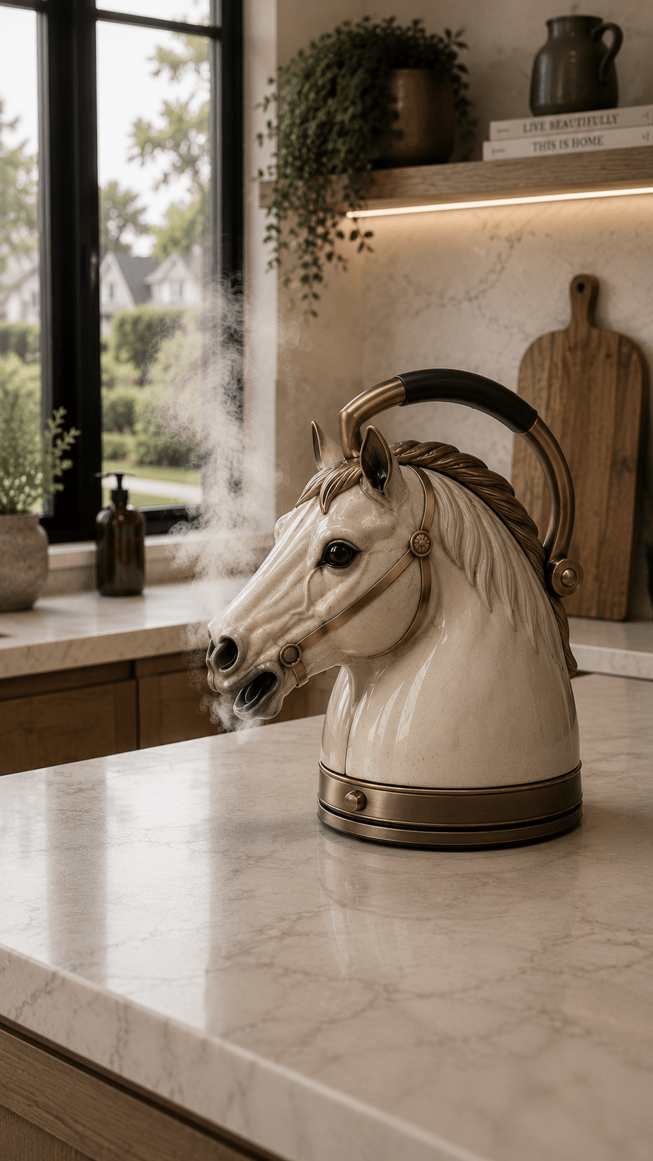 White horse-shaped kettle with brass details steaming on a marble kitchen island