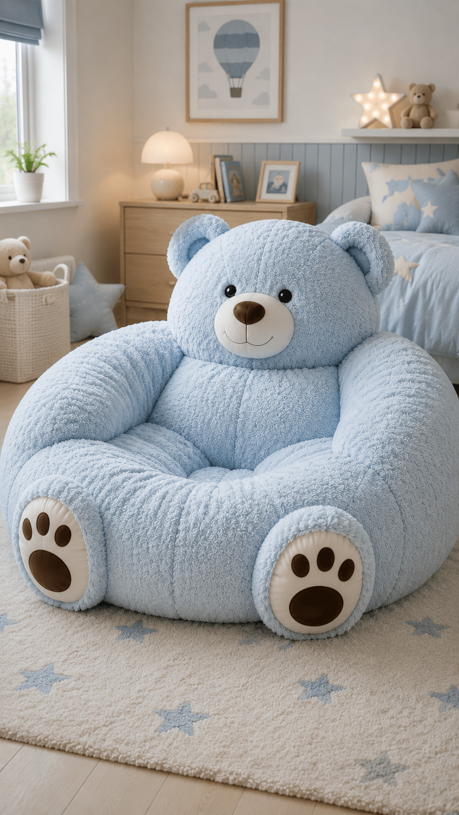 Large pastel blue teddy bear armchair in a modern children’s bedroom with star décor and soft furnishings