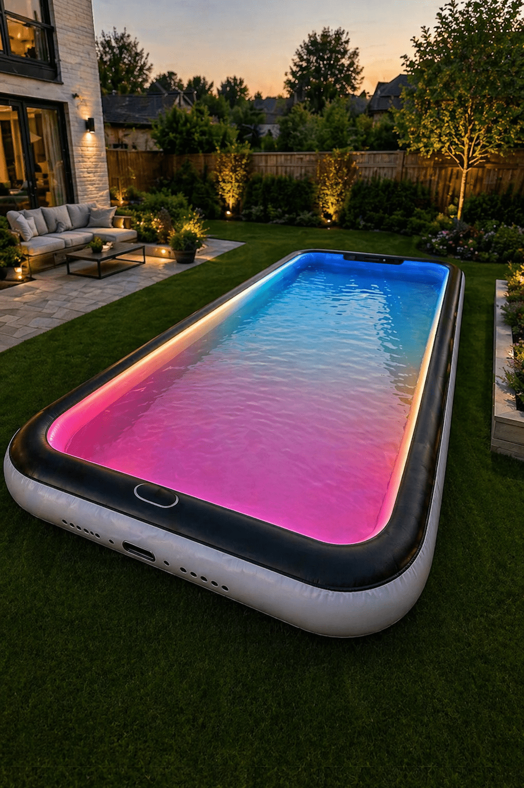 bold inflatable LED paddling pool with pink and blue lighting creating a vibrant evening garden setting