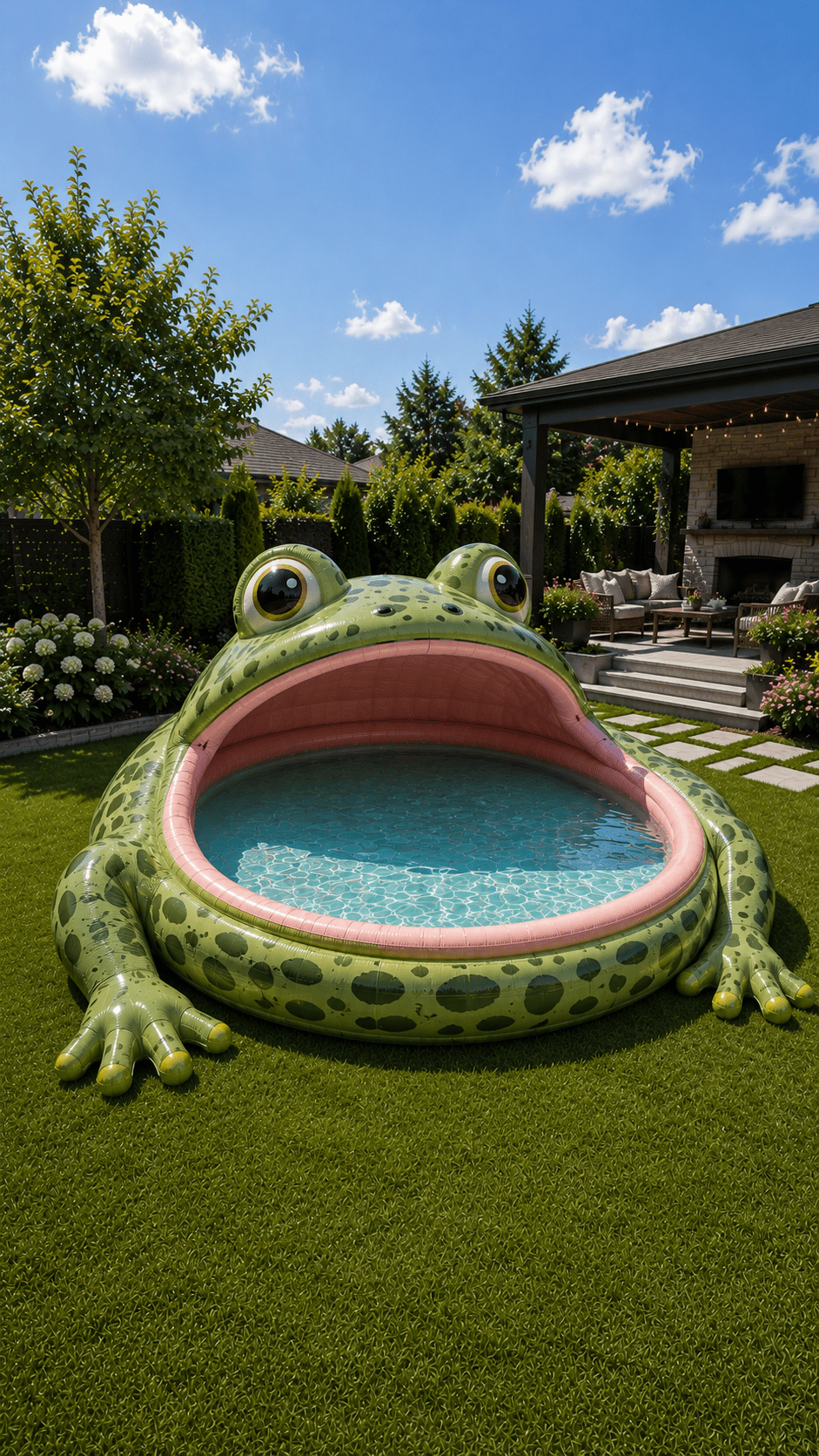 Oversized green frog-shaped inflatable paddling pool in a modern suburban back garden
