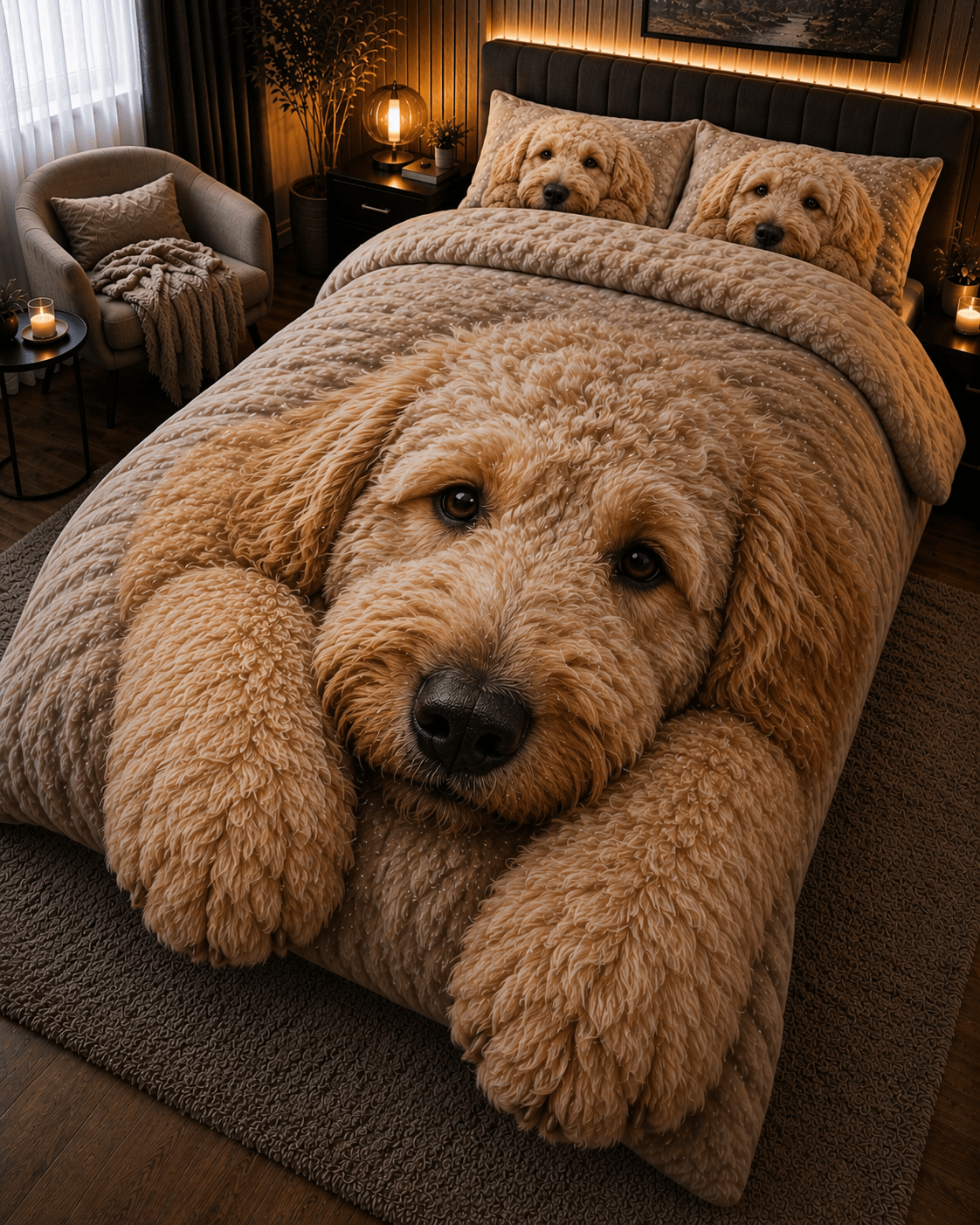 Realistic Cockapoo dog bedding set with oversized puppy duvet design in a cosy modern bedroom
