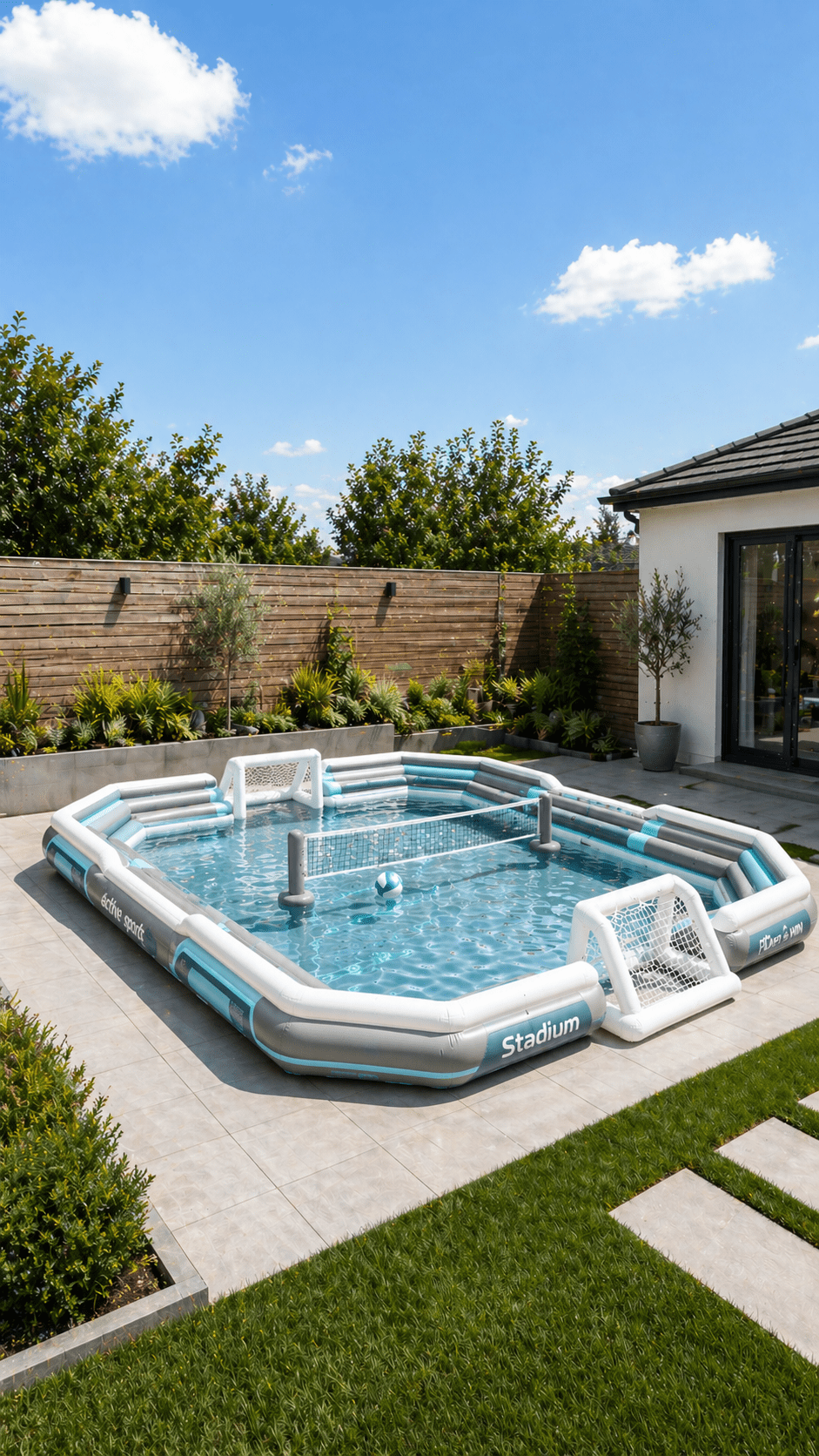Grey and aqua inflatable sports pool arena with built-in goals and floating volleyball net on a patio